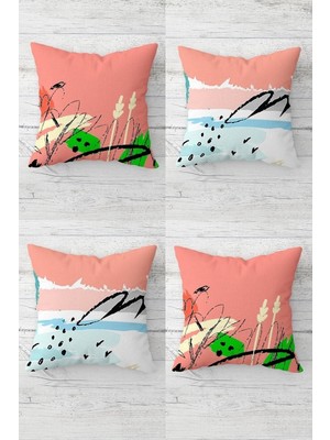 Odea Pelangi Rastlantısal Çizimler Desenli Gizli Fermuarlı Kırlent Kılıfı Koltuk Yastık Kılıfı TAKIM(4ADET), Pembe 45 x 45