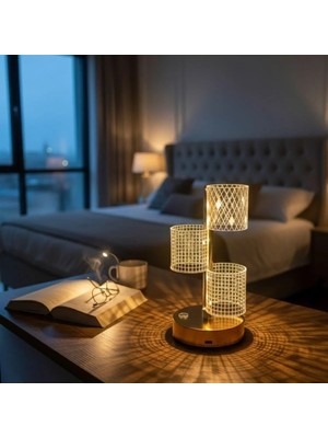 Varsoph 3 Parça silindirik kristal Ekose Kareli LED Masa Lambası – Gold Gövdeli, Dokunmatik, 3 Kademe Işık Ayarlı Şarjlı Dekoratif Lamba (5468)
