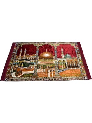 Kilim Antik Kırmızı Manzara Tasvirli Kutsal Belde Camili Duvar Halısı 1864 - Yeni - Çok Renkli