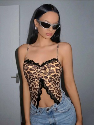 Pileli Store Kadın Leopar Desenli Crop Önden Dantel Detaylı 5095