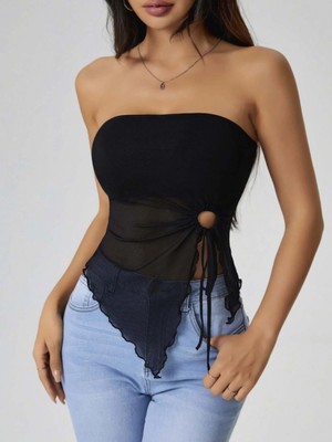 Pileli Store Kadın Siyah Crop Önden Halka Büzgü Detaylı 5094