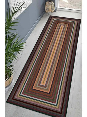 TeknoKapsül Pelangi Renk Bloklu Kilim Desenli Etnik Dijital Baskı Yıkanabilir Modern Salon Halı ve Yolluk, Kahverengi 100 x 600, 95546131006007