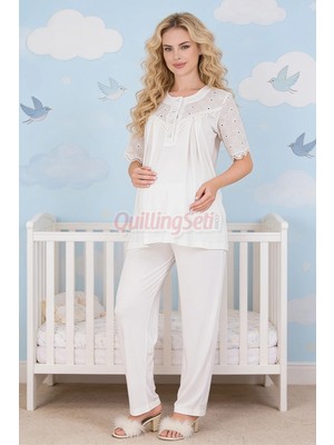 Quilling Ekru Renkli Dantel Detaylı, 33206 Kısa Kol, 2 Parça Lohusa Hamile Pijama Takımı