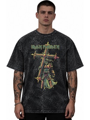 Sevbano Iron Maiden Rock Metal Müzik Grubu Baskılı Unisex Oversize Vintage Yıkamalı Tişört