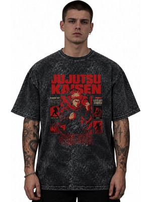 Sevbano Jujutsu Kaisen Itadori Yuji Anime Baskılı Unisex Oversize Vintage Yıkamalı Tişört