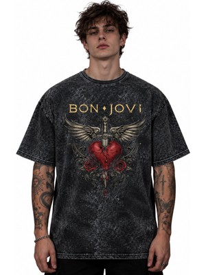 Sevbano Bon Jovi Rock Metal Şarkıcı Baskılı Unisex Oversize Vintage Yıkamalı Tişört