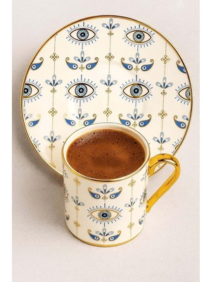 TeknoKapsül Altın Yaldızlı Nazar Göz Desenli 6 Kişilik Porselen Fincan Takımı – 12 Parça Şık Sunum Seti Evil Eye
