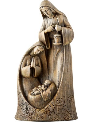 TeknoKapsül Avalon Galeri Noel Figürleri - Oyma Ahşap Görünümlü Joseph Mary ve Jesus Masa Üstü Doğum Heykelcik, 25,8 Cm, Kutsal Aile