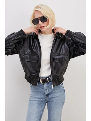 FullaModa Çift Cepli Polo Yaka Suni Deri Bomber Ceket