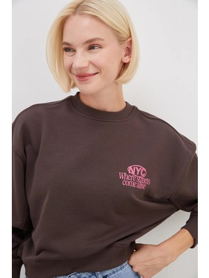 FullaModa 3 Iplik Şardonsuz Nyc Baskılı Kolu Çimalı Sweatshirt