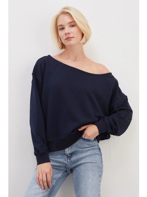 FullaModa 3 Iplik Şardonsuz Kayık Yaka Oversize Sweatshirt