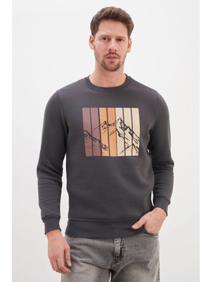 FullaModa 3 Iplik Dağ Baskılı Bisiklet Yaka Sweatshirt