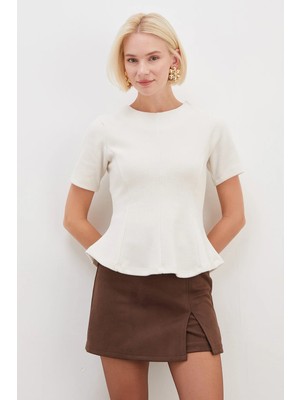 FullaModa Arkası Fermuarlı Selanik Örme Peplum Bluz