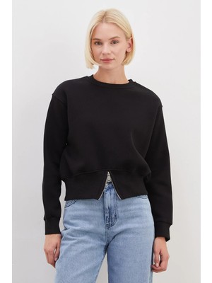 FullaModa 3 Iplik Eteği Fermuarlı Bisiklet Yaka Crop Sweatshirt