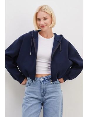 FullaModa 3 Iplik Fermuarlı Kapüşonlu Yarasa Kol Crop Sweatshirt