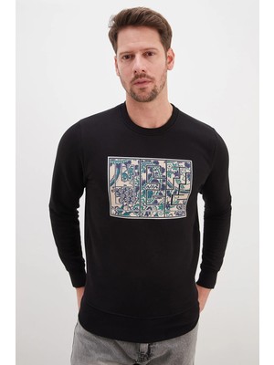 FullaModa 3 Iplik Çiçekli Labirent Baskılı Bisiklet Yaka Sweatshirt