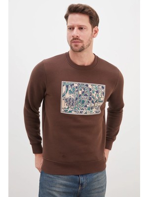 FullaModa 3 Iplik Çiçekli Labirent Baskılı Bisiklet Yaka Sweatshirt