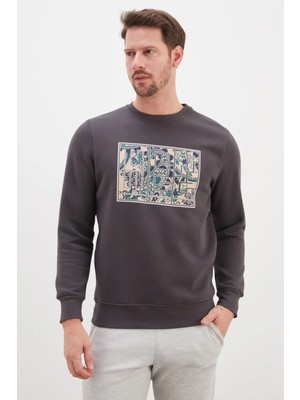 FullaModa 3 Iplik Çiçekli Labirent Baskılı Bisiklet Yaka Sweatshirt