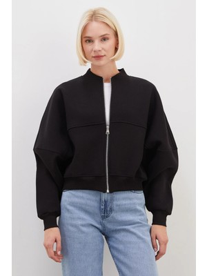 FullaModa 3 Iplik Basic Fermuarlı Dik Yaka Crop Sweatshirt