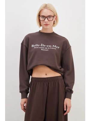 FullaModa 3 Iplik Şardonsuz Yazı Baskılı Kolu Çimalı Oversize Sweatshirt
