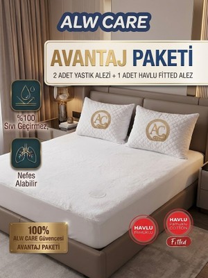 Alw Care Fırsat Paketi Sıvı Geçirmez Havlu Fitted Çift Kişilik Alez + 2 Adet Havlu Yastık Alezi