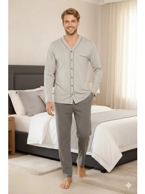 Pileli Store Kly V Yaka Boydan Düğmeli Battal Boy Erkek Pijama Takımı 9267 % 100 Pamuk