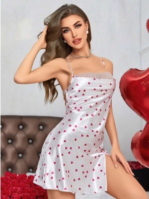 Pileli Store Kadın Beyaz Fuşya Kalp Desenli Saten Gecelik 2219