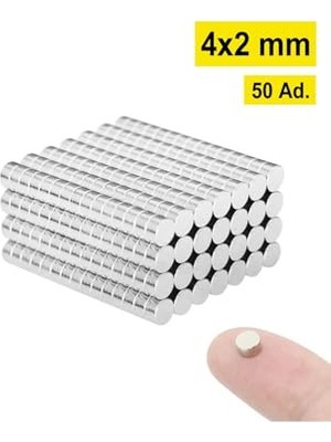 Mey İthalat 50 Adet Yuvarlak Neodyum Mıknatıs, 4x2 Mm, Güçlü Magnet, N35 Kalite