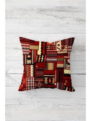 Mey İthalat Etnik Kilim Motifli Patchwork Çift Taraflı Gizli Fermuarlı Yastık Kılıfı, Bordo 45 x 45