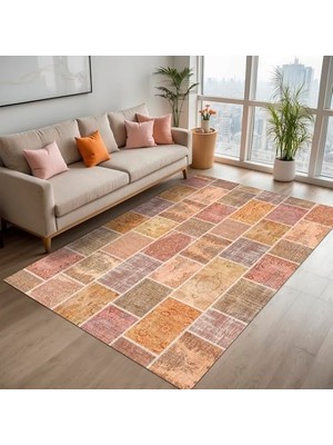 Mey İthalat Mileni Patchwork Desenli Şönil Salon Halısı, Pamuk Tabanlı, Yıkanabilir Kaymaz Antibakteriyel, 80X200