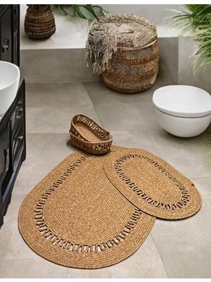 Mey İthalat Banyo Için Modern Paspas Seti 4'lü Takım, Jüt Klozet Önü Hasır Lavabo Önü Paspas, Havlu Sepeti, Orta Boy Organizer Sepetli Takım (Hasır, 45 x 70 Cm, 55 x 85 Cm)