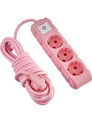 Mey İthalat 3'lü Anahtarlı Grup Priz, 5 Metre, 16A 250V, Üçlü Topraklı Uzatma Kablosu, Pembe