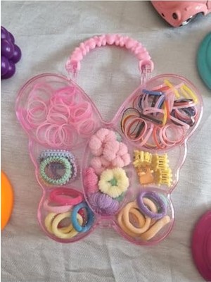 Mey İthalat Pembe Kelebekli Kız Çocuk Toka Seti; Kutulu, Perma Lastik ve Penye Tokalar