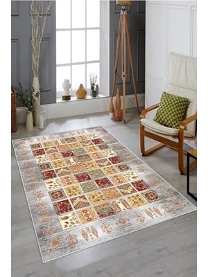Mey İthalat Gri Zemin Patchwork Kırkyama Desenli Yıkanabilir Kaymaz Tabanlı Leke Tutmaz Modern Salon Halısı ve Yolluk, Gri-Somon, 100 x 150,7457115610015005