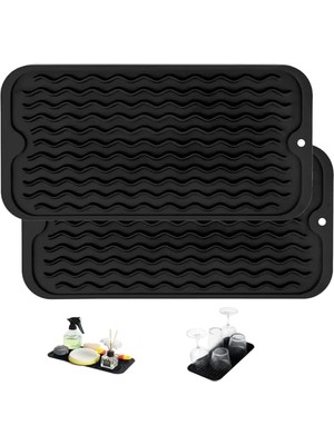 Mey İthalat Xspring Bulaşık Kurutma Matı; 2'li Paket Siyah Dikdörtgen Mat, 30X15 cm Düz Desen, Isıya Dayanıklı ve Kolay Temizlenir, Mutfak Tezgahı, Cam ve Bulaşıklar Için Çok Fonksiyonlu Dekor