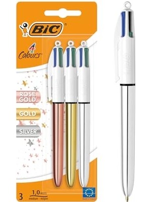 Mey İthalat 4 Colours Shine 4 Renk Tükenmez Kalem, Pembe Gümüş Altın Gövde, 3'lü Blister