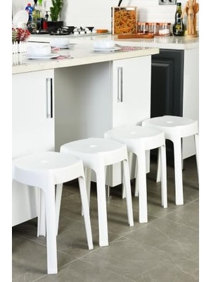 Mey İthalat 36X36 cm Beyaz Plastik Tabure, Kaymaz Ayaklı, Iç Içe Geçebilen, 150 kg Kapasiteli, 4 Adet