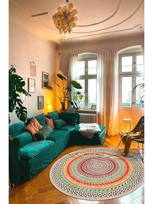 Mey İthalat Rustic Modern Desenli Şönil Pamuk Tabanlı Yıkanabilir Kaymaz Antibakteriyel Yuvarlak Salon Halısı 200X200