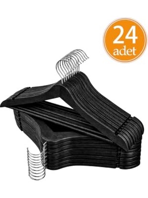 Mey İthalat Ahşap Görünümlü Premium Kalite 24'lü Plastik Elbise Askısı, Siyah