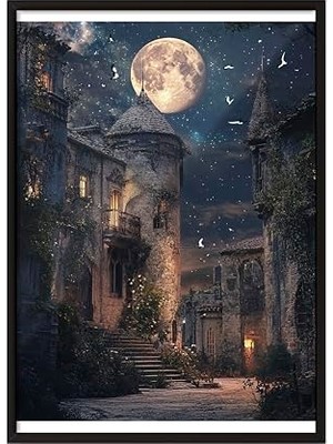 Mey İthalat Zestia Siyah Çerçeveli Tablo; Ortaçağ Şehir Sokakları, Ay Işığı ve Büyülü Atmosfer Poster No: 107323 30 x 40