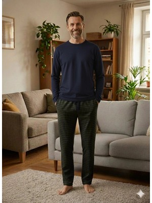 Pileli Store Pijalüx Tek Alt Örme Ekose Ev Pantolonu