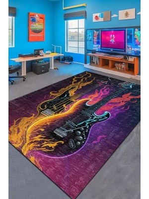 Mey İthalat Rock Gamer Halısı, Şönil, Pamuk Tabanlı, Kaymaz, Yıkanabilir Gaming Oyuncu Odası Halısı, 120X180
