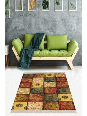 Mey İthalat Kırkyama Patchwork Desenli Etnik Dijital Baskılı Yıkanabilir Kaymaz Tabanlı Salon Halısı ve Yolluk MEG987,160 x 350