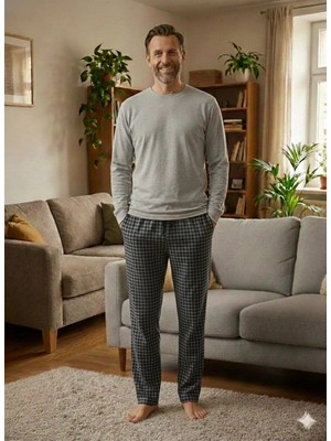 Pileli Store Pijalüx Tek Alt Örme Ekose Ev Pantolonu