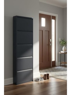 Mey İthalat Metal Ayakkabılık 5'li Model Antrasit, LC08-MSR50-5, Hava Sirkülasyonu Sağlayan Slotlu Tasarım