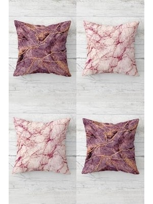 Mey İthalat Pembe Mermer Desenli Kombin Gizli Fermuarlı Kırlent Kılıfı Takımı (4ADET), Pembe-Gold 45 x 45