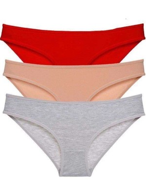 Pileli Store 3 Adet Eko Set Likralı Kadın Slip Külot Kırmızı Ten Gri