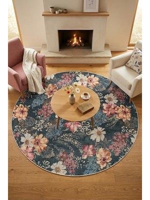 Mey İthalat Yuvarlak 160X160 Çiçekli Şönil Salon Halısı, Kaymaz, Yıkanabilir, Doğal Pamuk Tabanlı