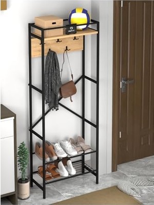 Mey İthalat Metal Portmanto, Raflı Elbise Askılığı ve Ayakkabılık, Modern 3 Raflı, Safir Meşe
