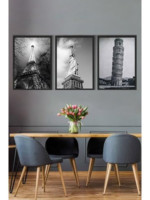 Mey İthalat PSTER14890 Ünlü Yapılar Manzara Eyfel, Özgürlük Heykeli, Pisa Kulesi 3 Parçalı Çerçeve Seti 30 x 40